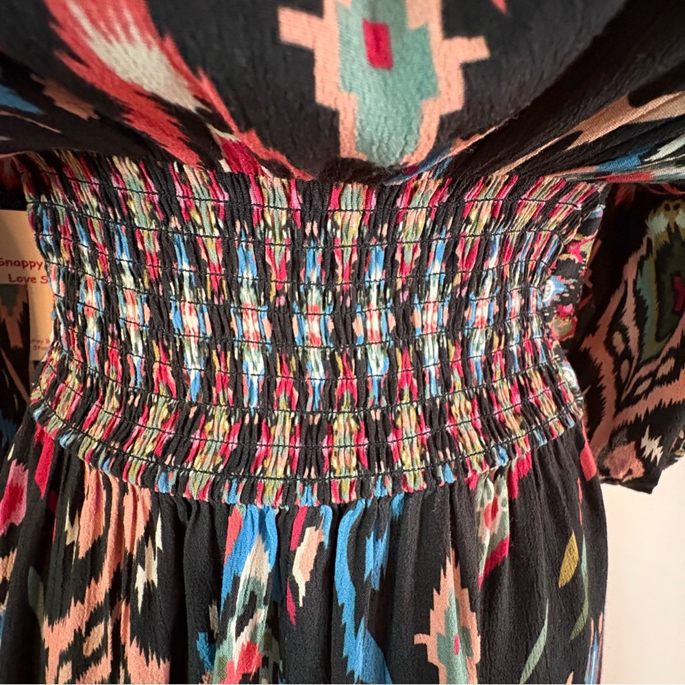 TOLANI Long Black Geometric Tribal Print Asymmetrical Contrast NEW Maxi Dress! - Picture 8 of 16